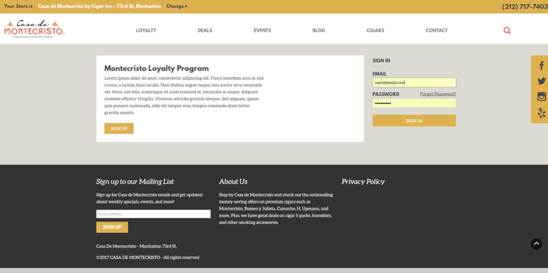 Casa de Montecristo Customer Loyalty Platform interface