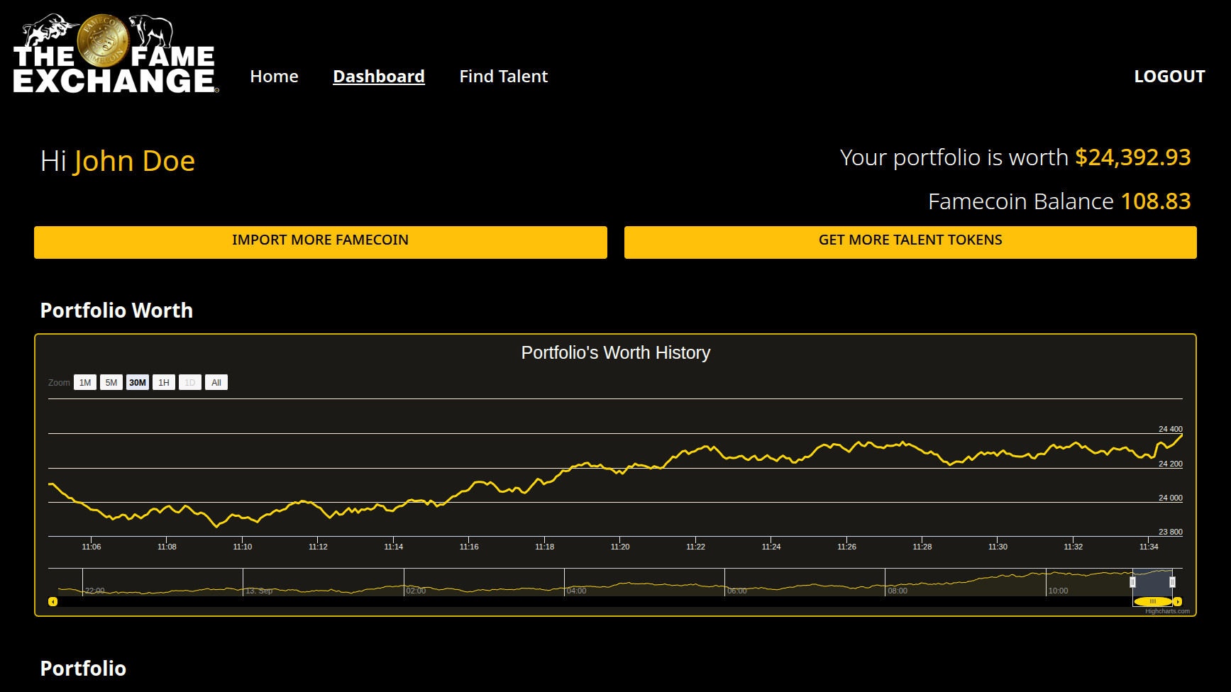 Fame Exchange Web3 Tokenized Talent Marketplace Prototype interface