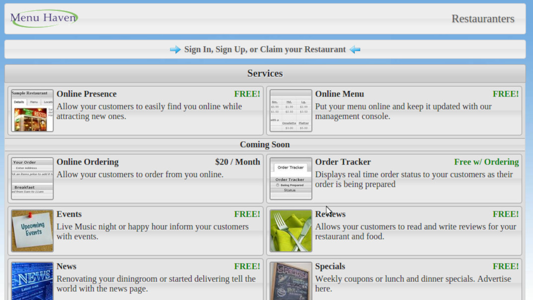 MenuHaven Early Online Ordering & Discovery Platform interface