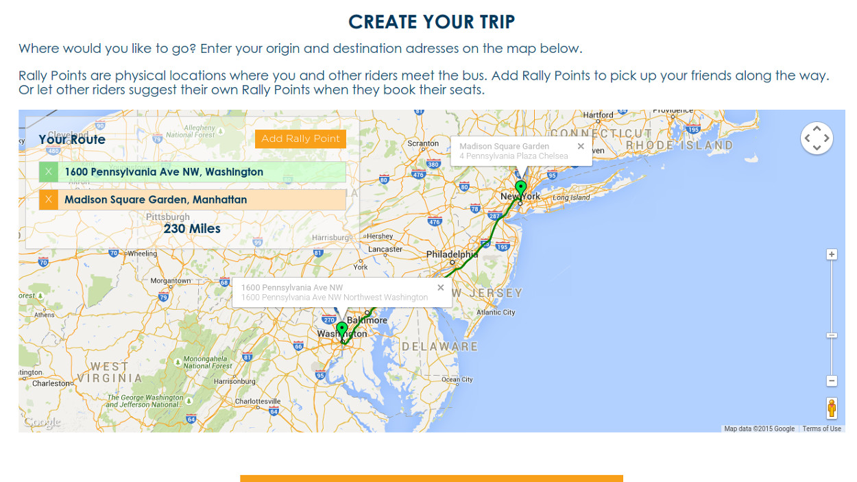 Rally Bus Crowdsourced Ride-Sharing & Charter Booking interface